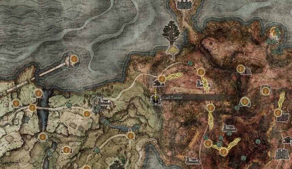 Posizione sulla mappa del Gael Tunnel a Elden Ring