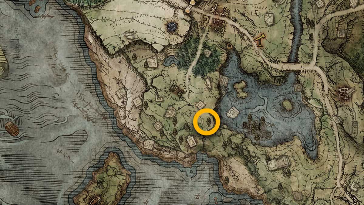 Posizione sulla mappa della Tomba dell'Eroe di Fringefolk a Elden Ring