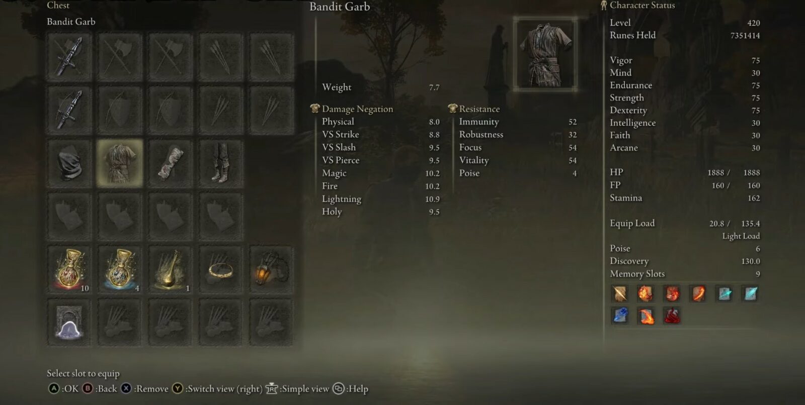 elden ring bandit imposta le statistiche per l'abbigliamento