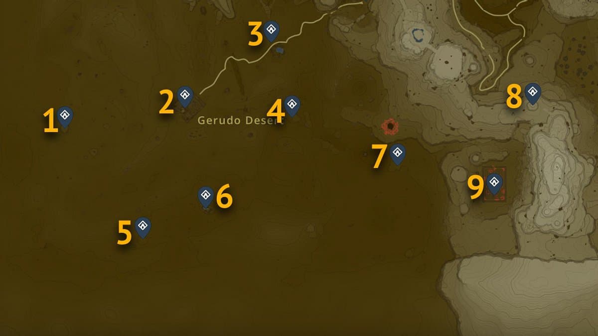 Posizione sulla mappa dei santuari del deserto di Gerudo in Tears of the Kingdom