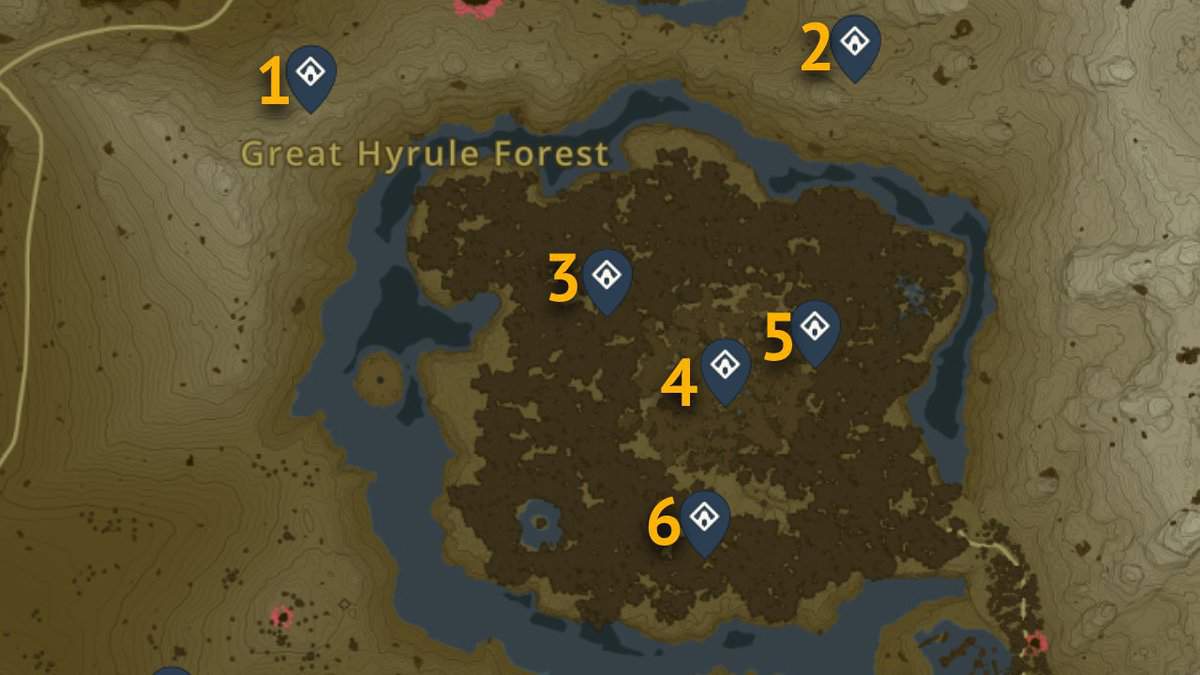 Posizioni sulla mappa dei Santuari della Grande Foresta di Hyrule in Lacrime del Regno