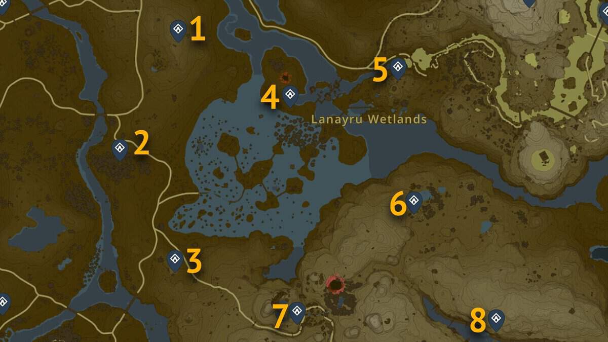 Posizioni sulla mappa dei santuari delle zone umide di Lanayru a Tears of the Kingdom