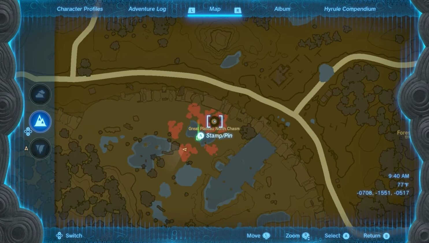 Posizione dell'abisso nord del Great Plateau in Zelda TotK