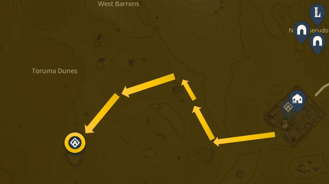 Posizione sulla mappa del Santuario Miryotanog in Zelda: TotK Gerudo Desert 