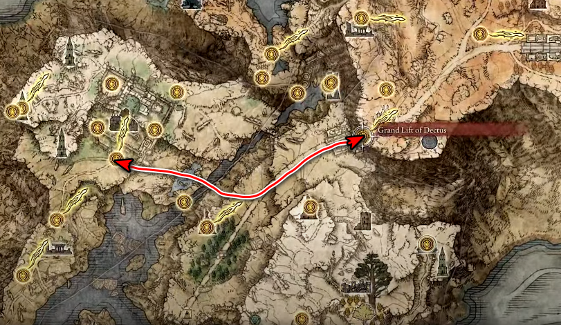 Percorso per raggiungere il Grand Lift of Dectus a Elden Ring