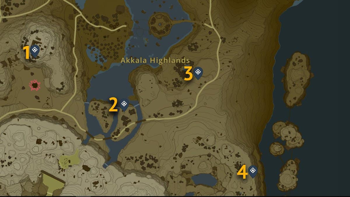 Posizioni sulla mappa dei santuari dell'altopiano di Akalla in Tears of the Kingdom