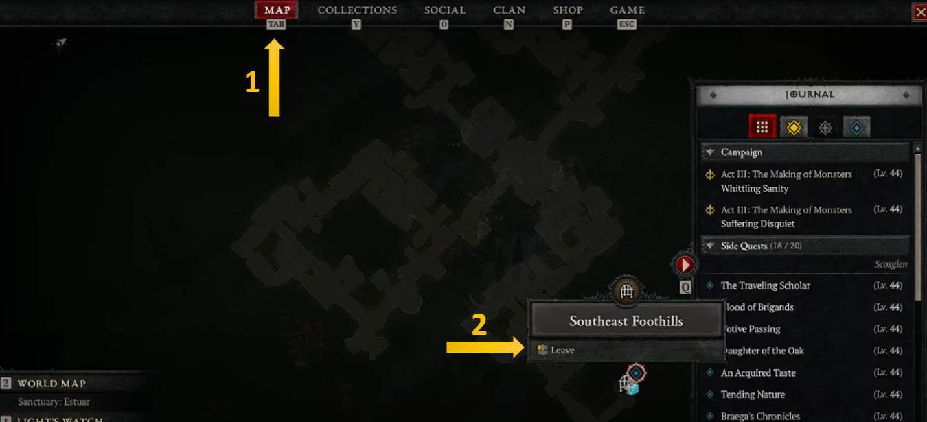 Lascia il dungeon dalla mappa in Diablo 4