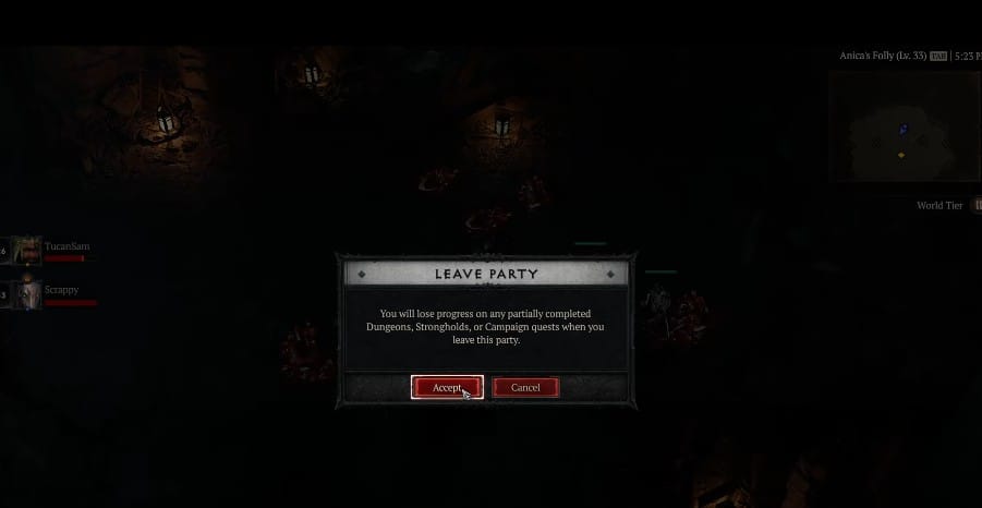 Lascia la festa per ripristinare il dungeon in Diablo 4
