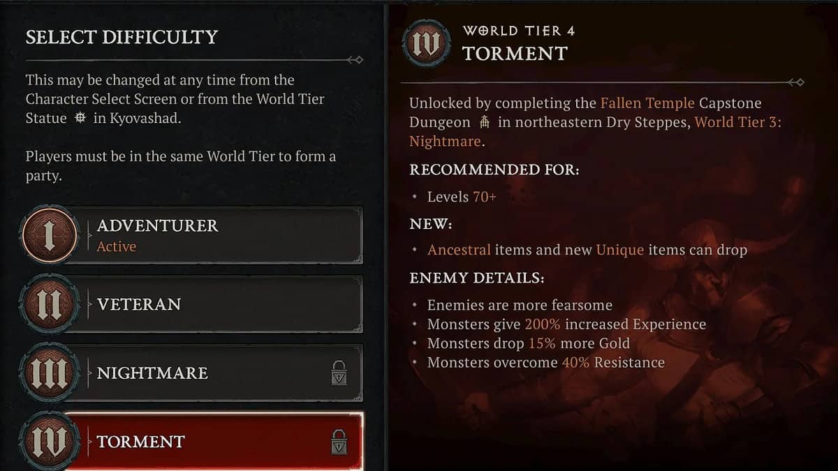 Impostazioni di difficoltà World Tier 4 in Diablo 4