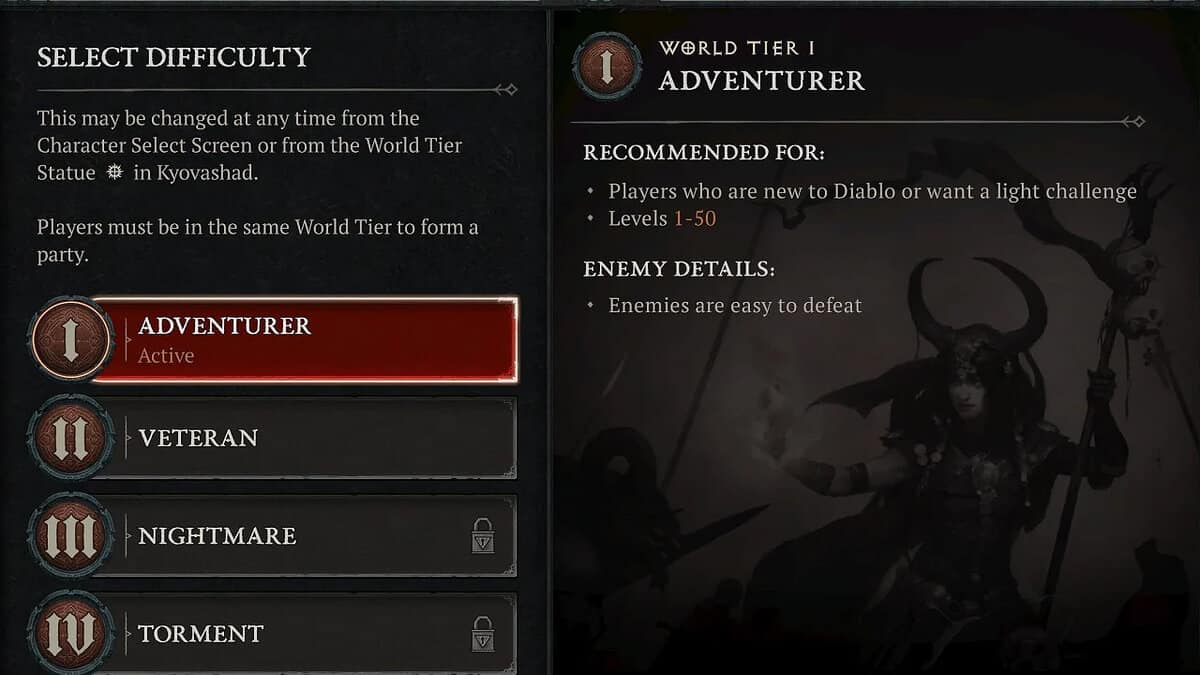 Impostazioni di difficoltà World Tier 1 in Diablo 4