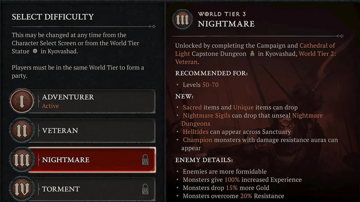 Impostazioni di difficoltà World Tier 3 in Diablo 4