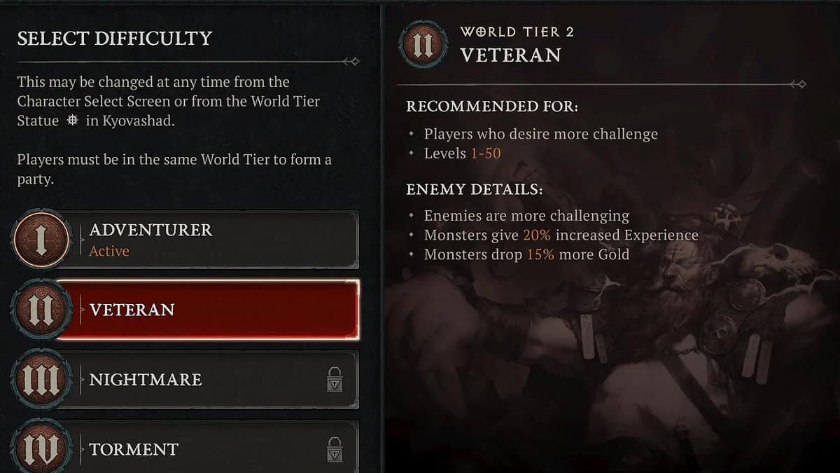 Impostazioni di difficoltà World Tier 2 in Diablo 4