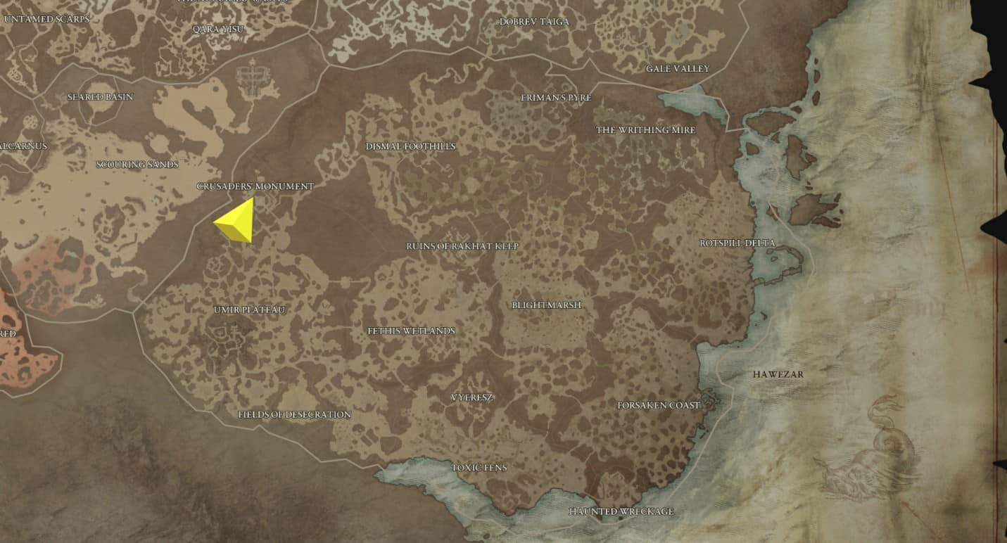 Posizione sulla mappa della roccaforte dei crociati di Hawezar in Diablo 4