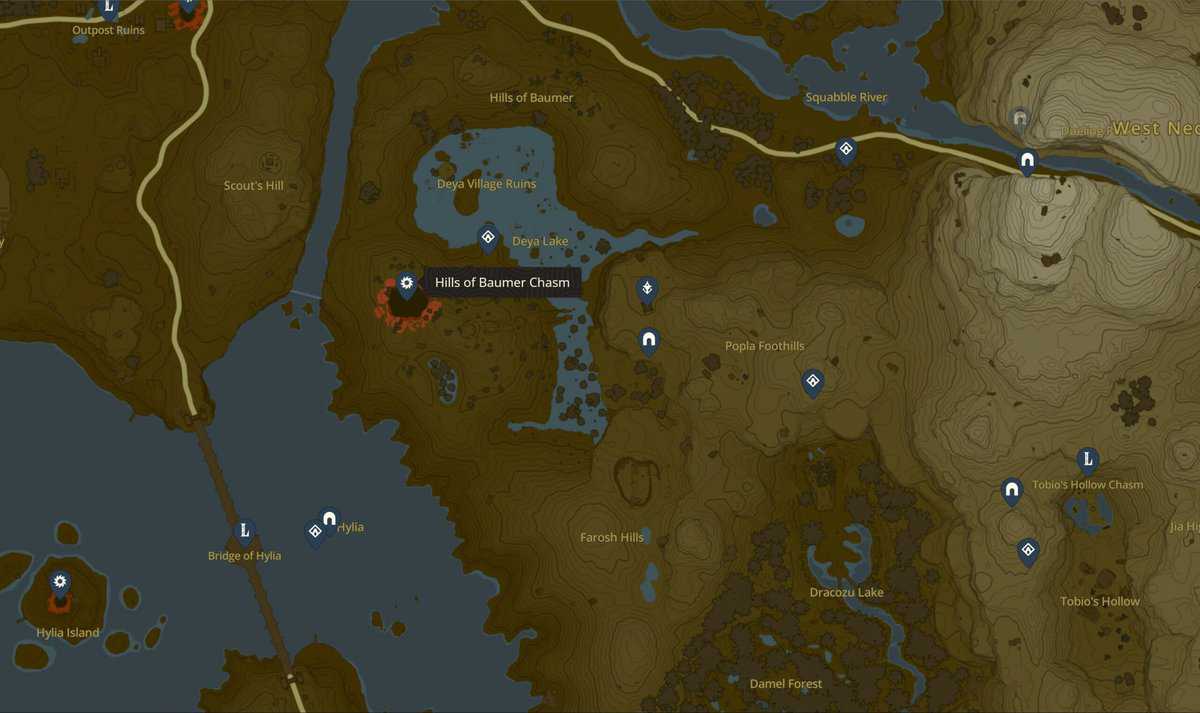 Posizione di Zelda Tears of the Kingdom Hills of Baumer Chasm