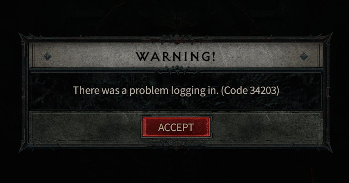 Diablo 4 'Attenzione!  Si è verificato un problema durante l'accesso Errore: codice 34203 risolto