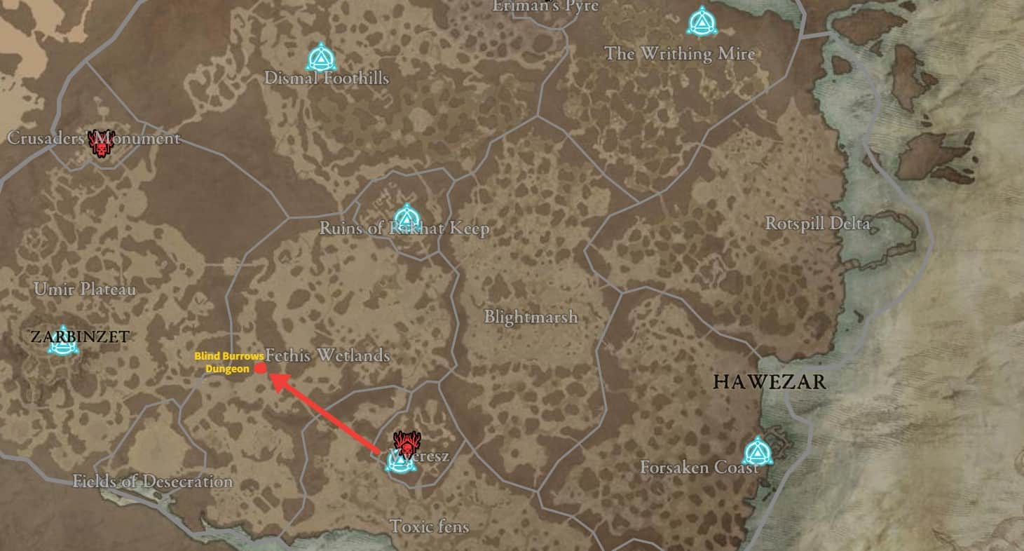 Posizione di Blind Burrows Dungeon in Diablo 4