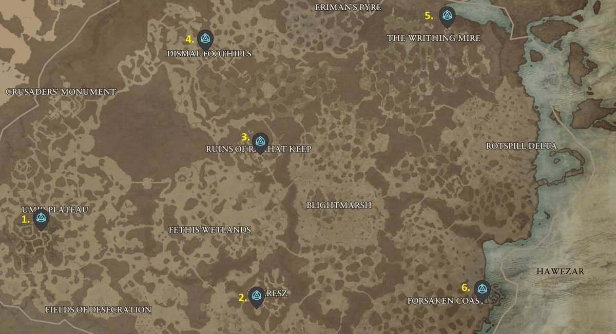 Posizioni dei waypoint di Diablo 4 Hawezar