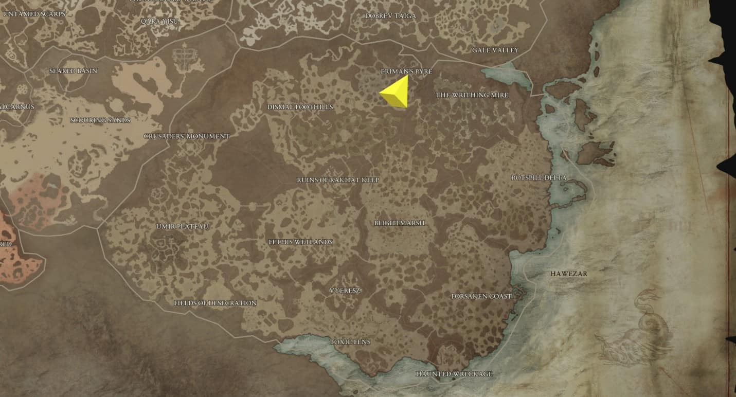 Posizione sulla mappa della roccaforte di Hawezar Eriman in Diablo 4