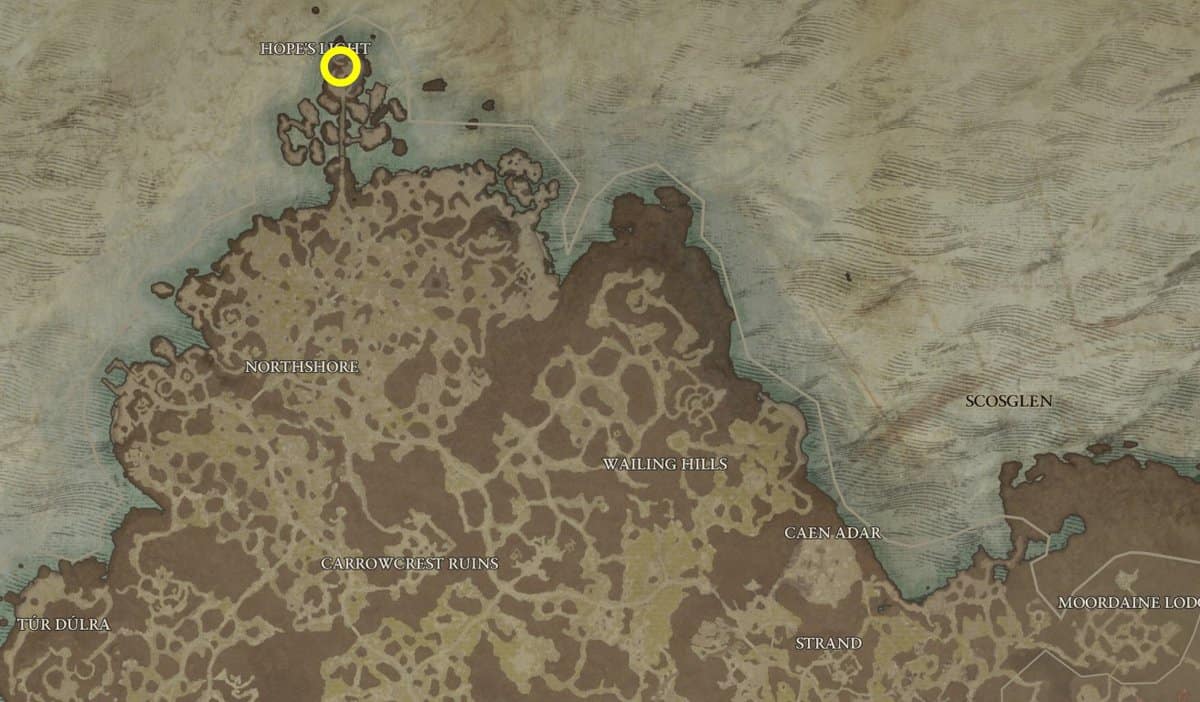 Posizione della mappa della roccaforte di Hope's Light in Diablo 4
