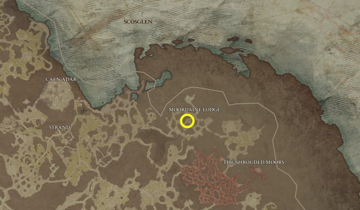 Posizione sulla mappa di Moordaine Lodge Stronghold in Diablo 4