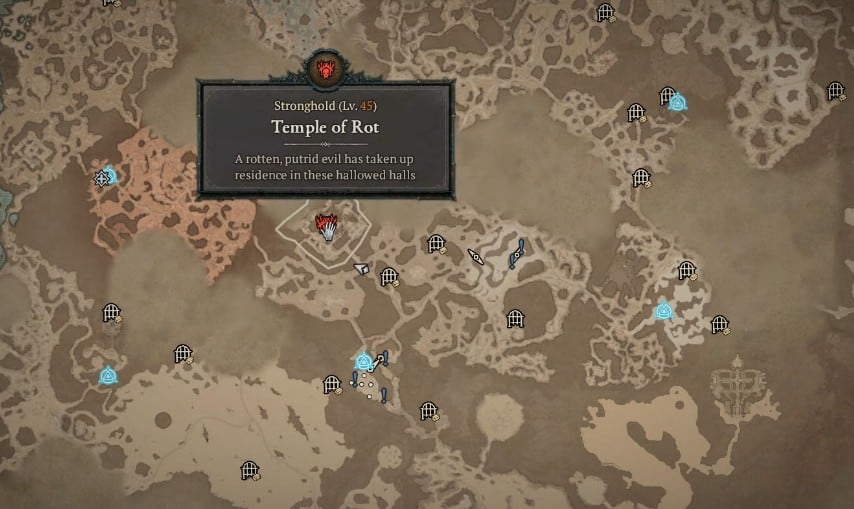 Posizione sulla mappa della Roccaforte del Tempio della putrefazione in Diablo 4