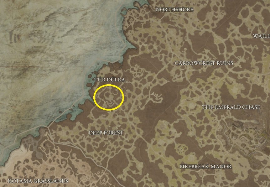 Posizione sulla mappa della roccaforte di Tur Dulra in Diablo 4