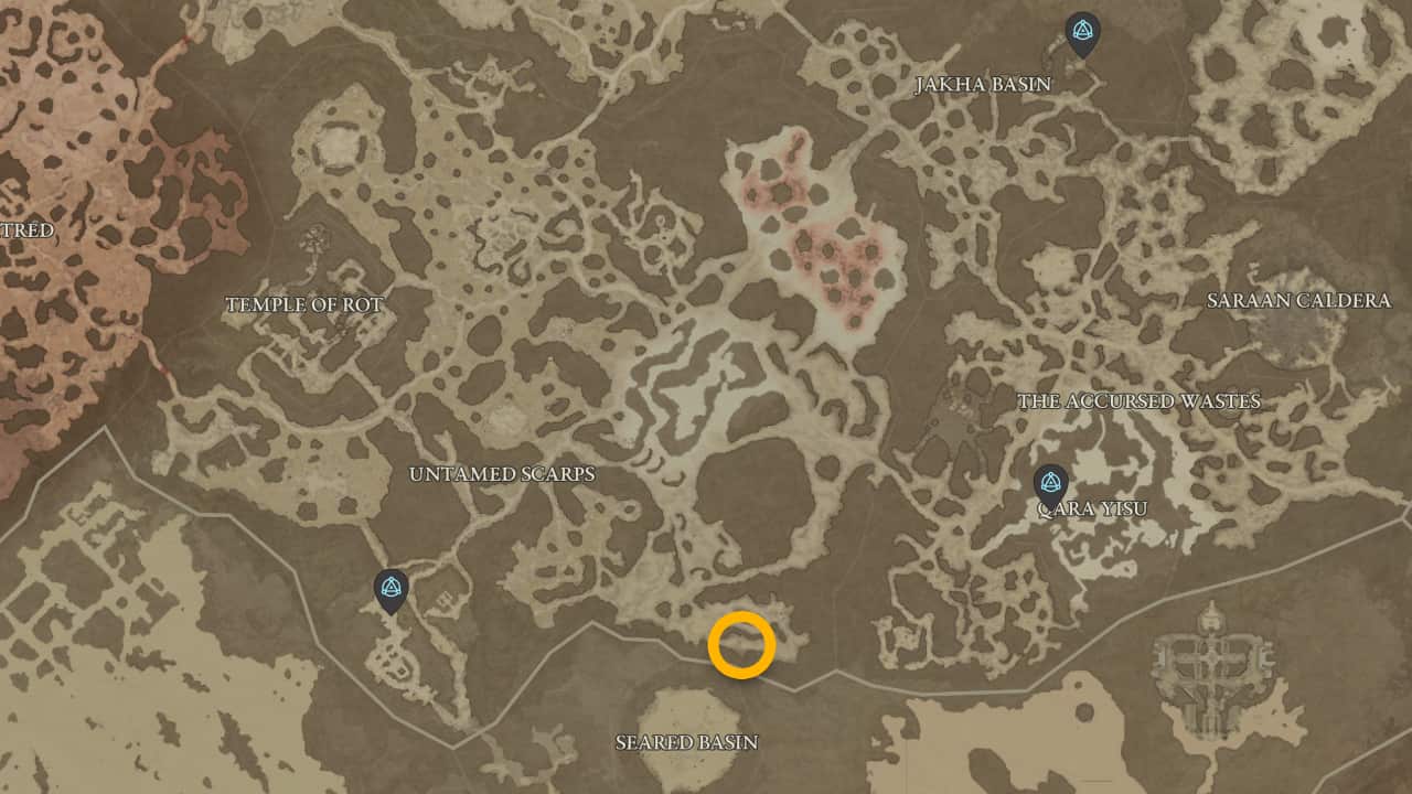 La posizione sulla mappa dell'Elmo dello Spargisangue, lasciato da Zarozar in Diablo 4.