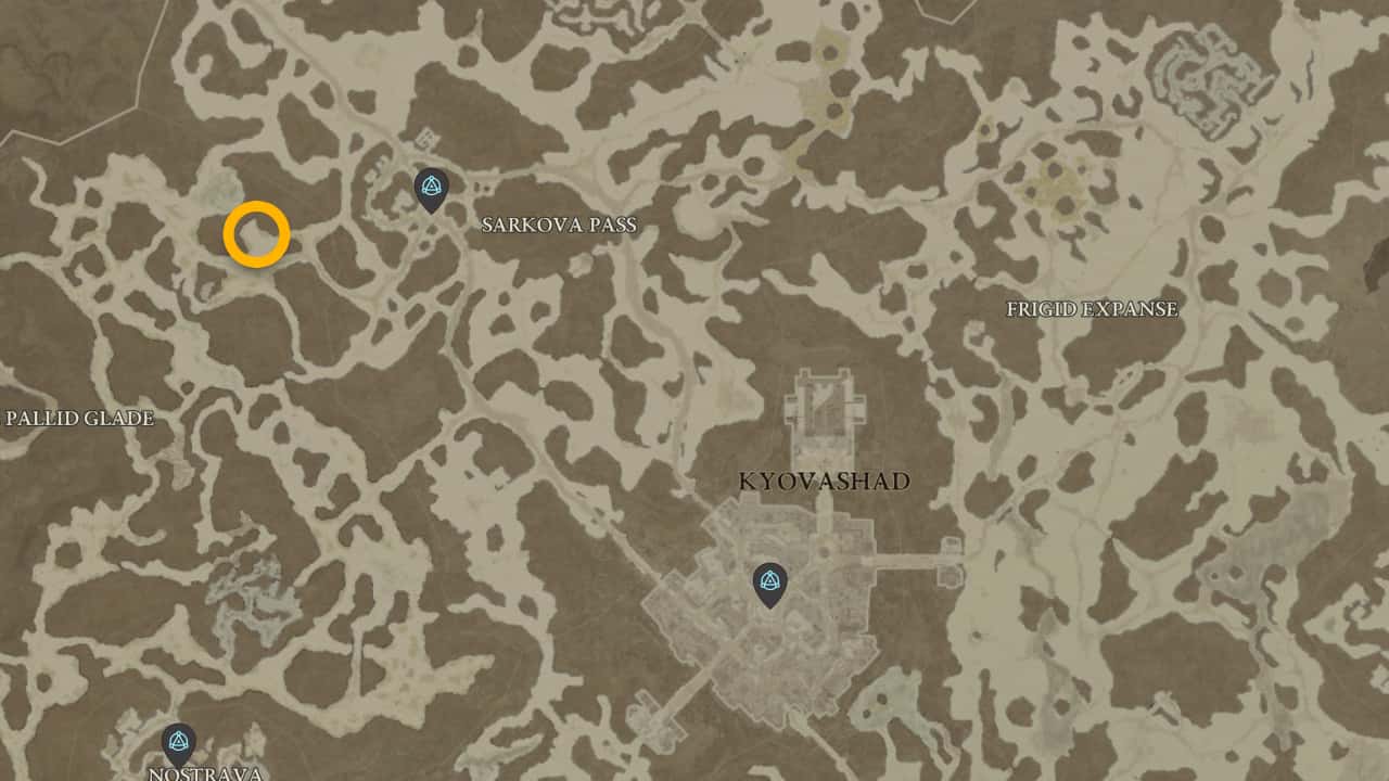 La posizione sulla mappa di Rotsplinter e del suo anello di legno scheggiato in Diablo 4.