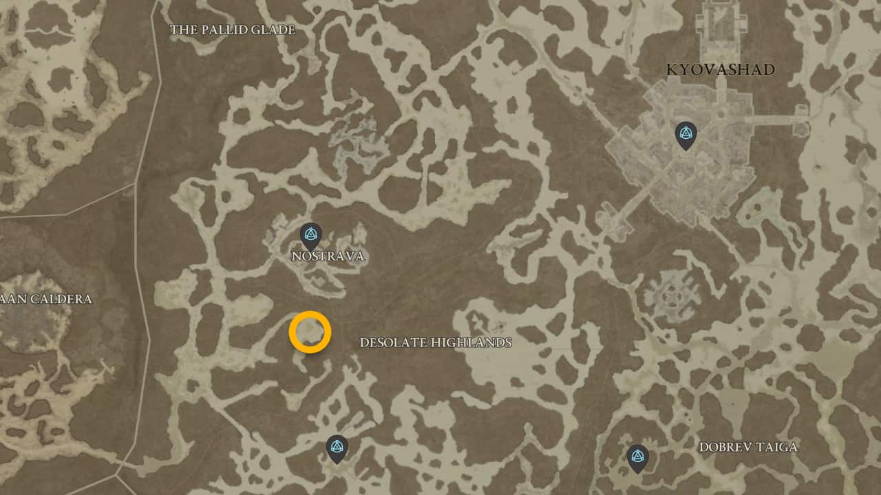 La posizione sulla mappa di Osgar Reede e della sua mazza del furore ardente in Diablo 4.