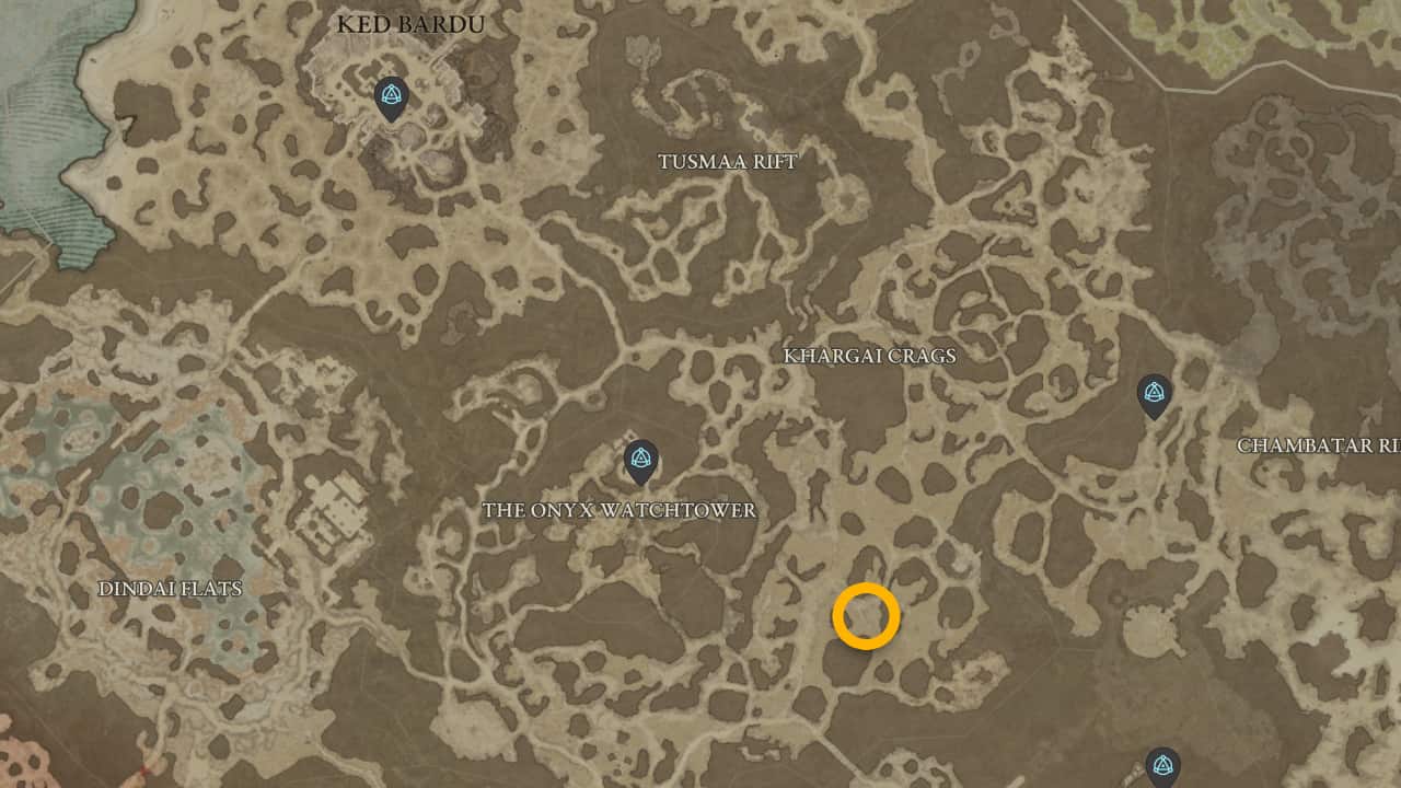 La posizione sulla mappa della Collana dell'inevitabilità, rilasciata da Bhotak in Diablo 4.