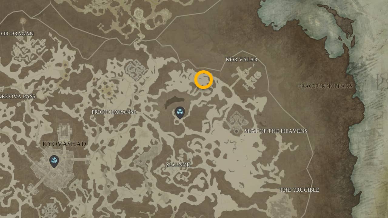 La posizione sulla mappa di Corlin Hulle e del suo Staff of Elemental Command in Diablo 4.