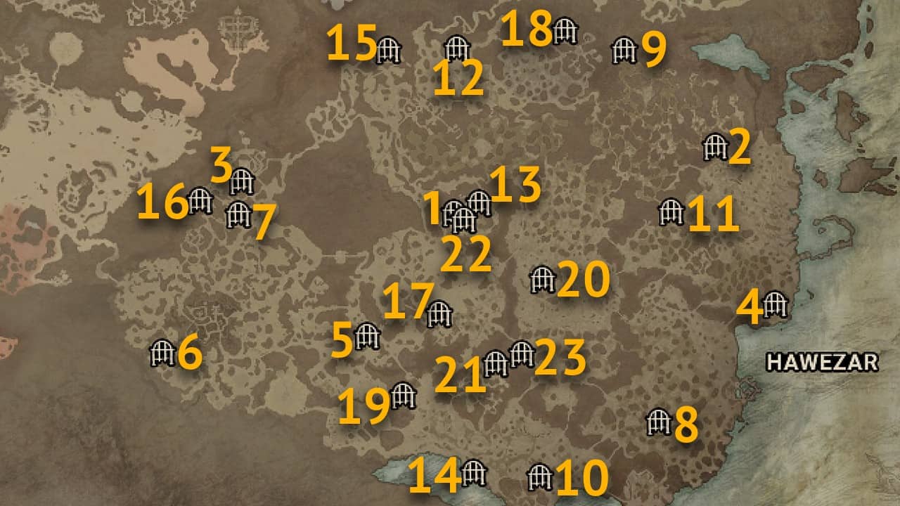 Le posizioni sulla mappa di tutti i dungeon nella regione di Hawezar di Diablo 4.