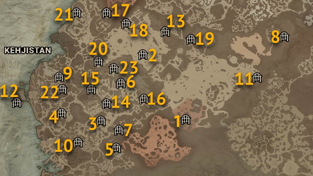 Le posizioni sulla mappa di tutti i dungeon nella regione del Kehjistan di Diablo 4.