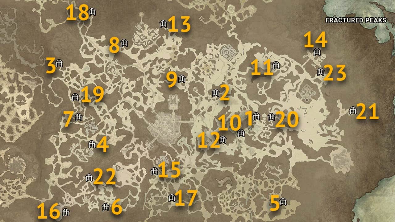 Le posizioni sulla mappa di tutti i dungeon nella regione Fractured Peaks di Diablo 4.