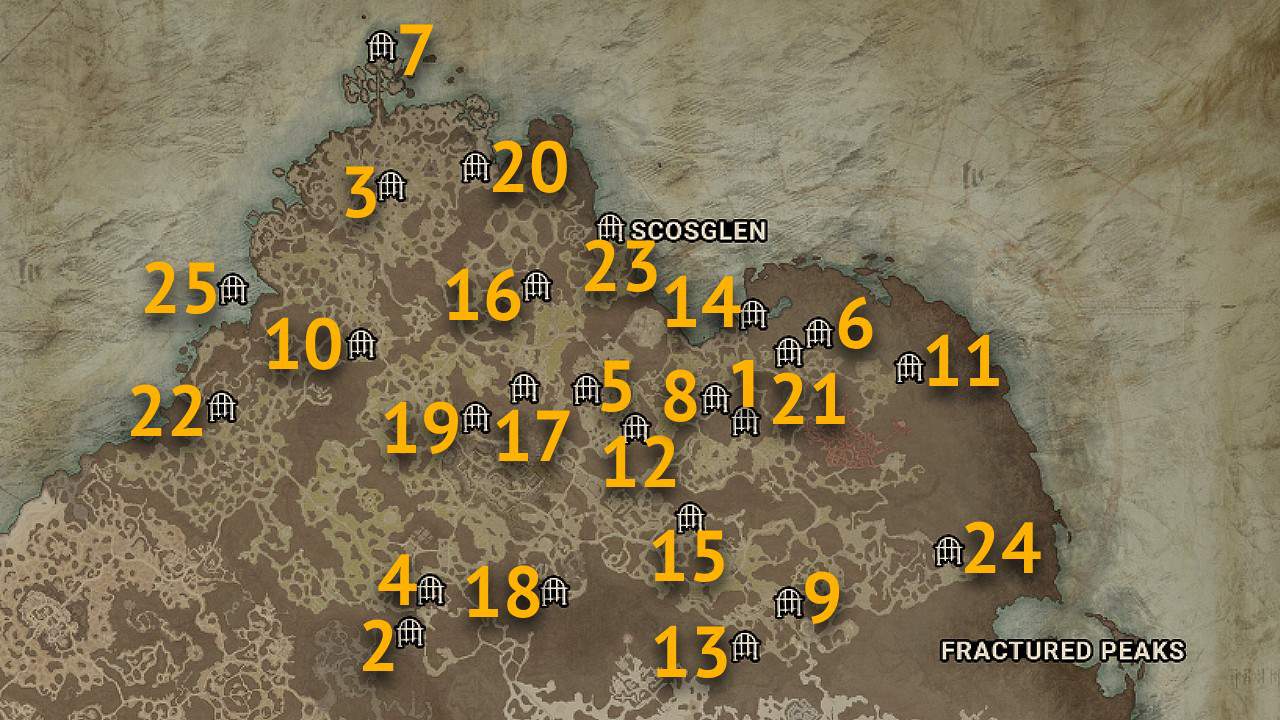 Le posizioni sulla mappa di tutti i dungeon nella regione di Scosglen di Diablo 4.