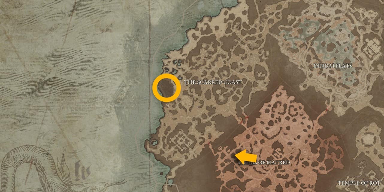 La posizione sulla mappa di Infernal Edge in Diablo 4.