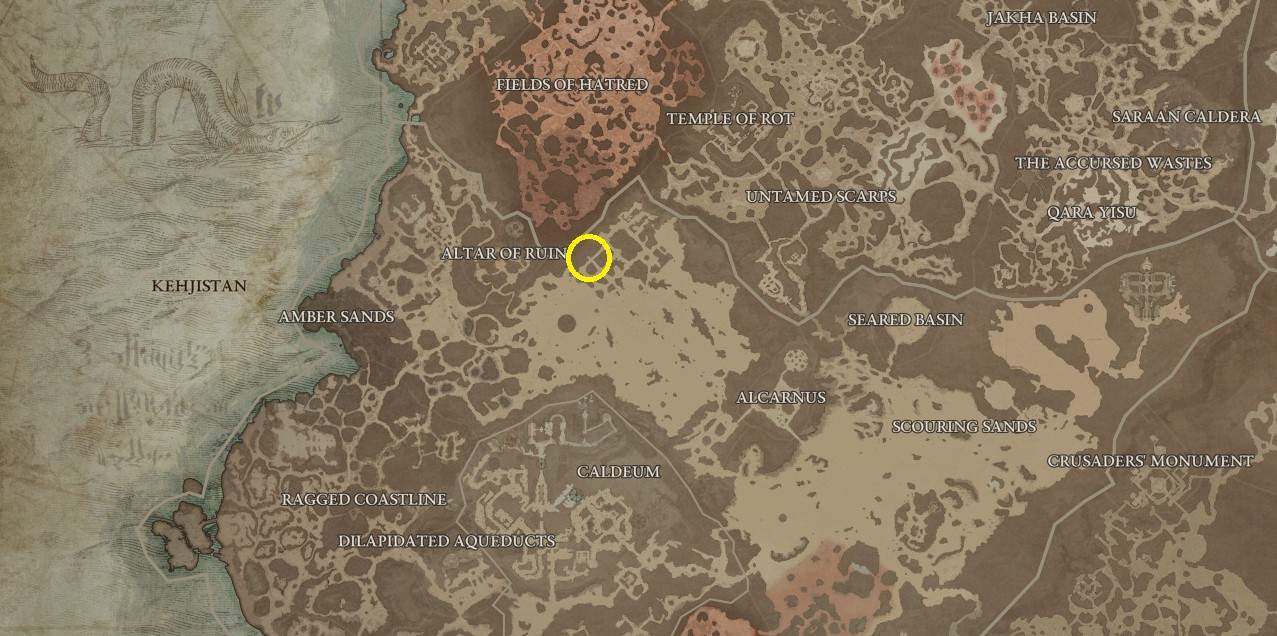 La posizione sulla mappa di Wind Striker Aspect in Diablo 4.