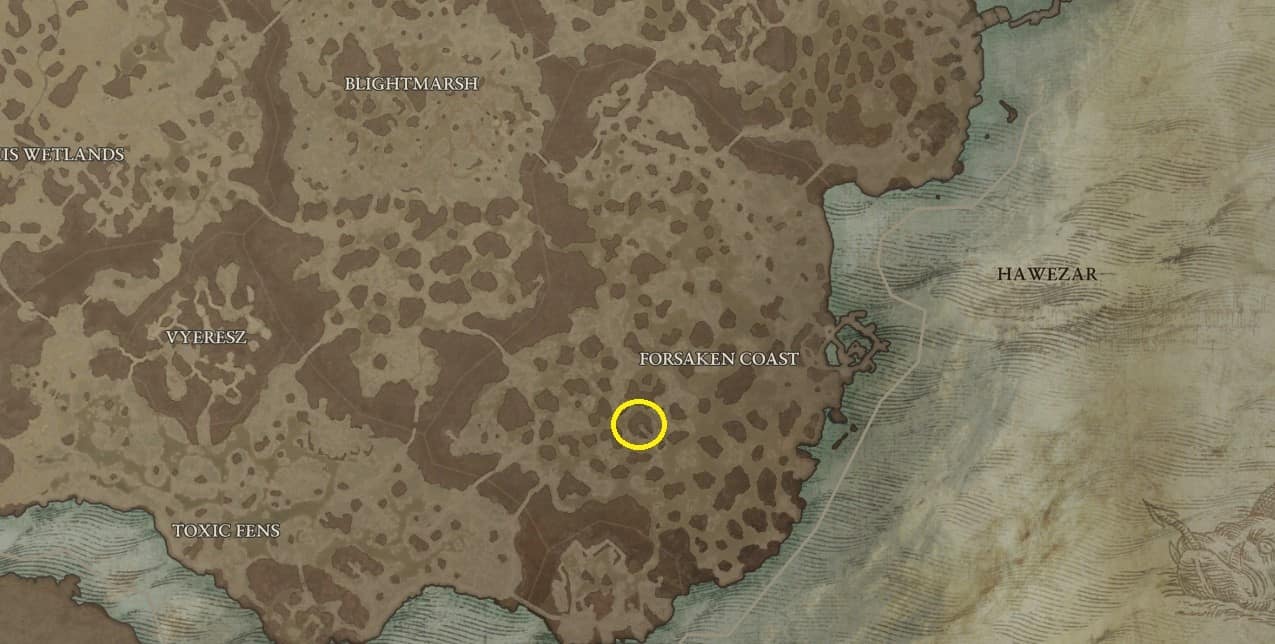 La posizione sulla mappa dell'Aspetto del comandante inflessibile in Diablo 4.