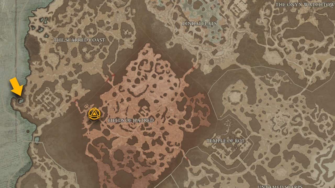 La posizione sulla mappa di Aspect of the Bounding Conduit in Diablo 4.