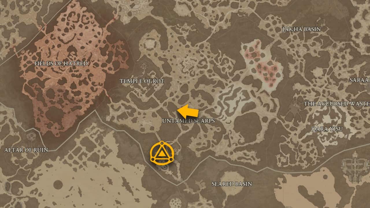 La posizione sulla mappa di Aspect of Mending Stone in Diablo 4.