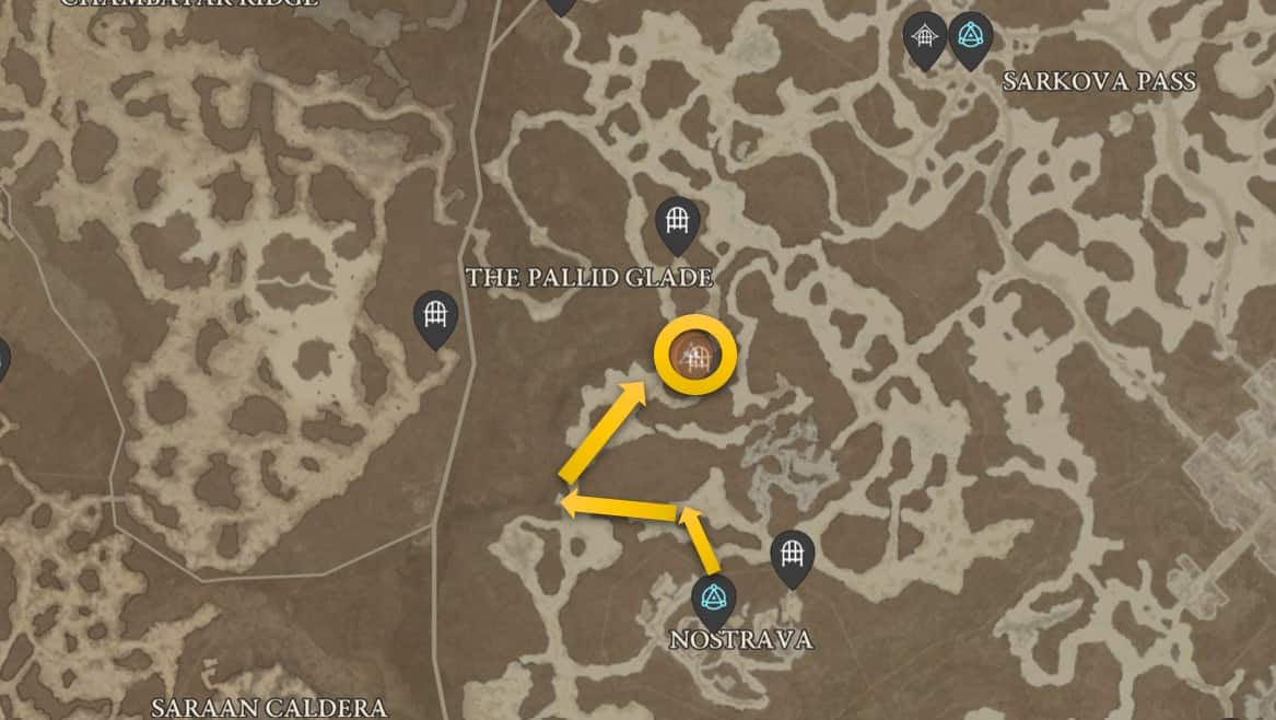 La posizione sulla mappa dell'Aspetto di Explosive Verve in Diablo 4