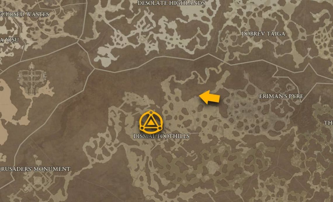 The map location of Aspect of Numbing Wrath in Diablo 4.