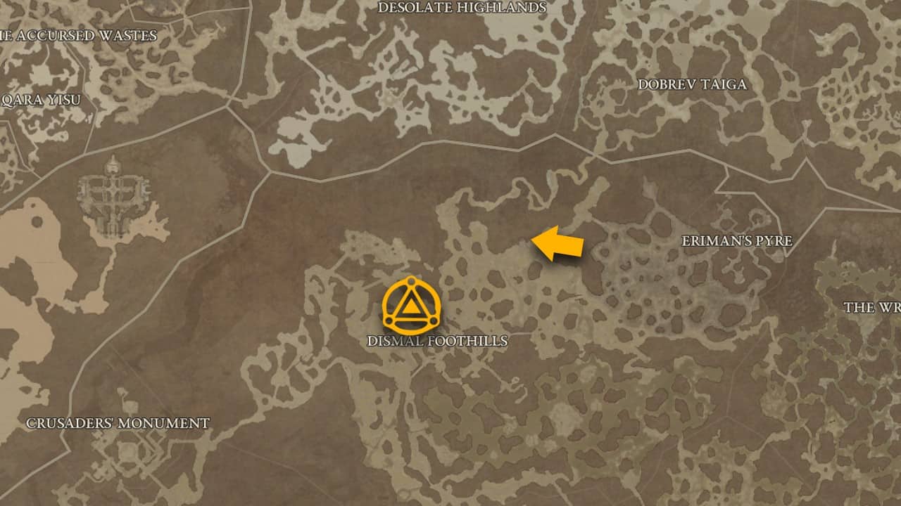 La posizione sulla mappa di Aspect of Numbing Wrath in Diablo 4.