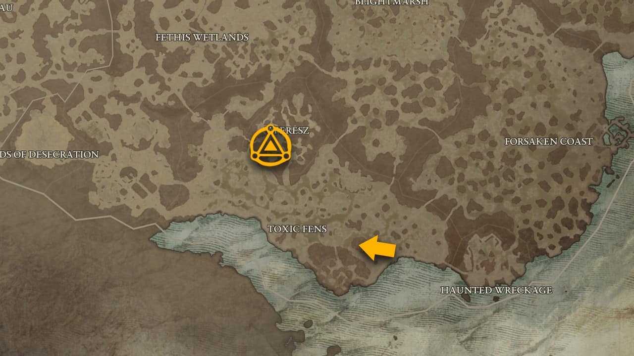 La posizione sulla mappa di Enshrouding Aspect in Diablo 4.