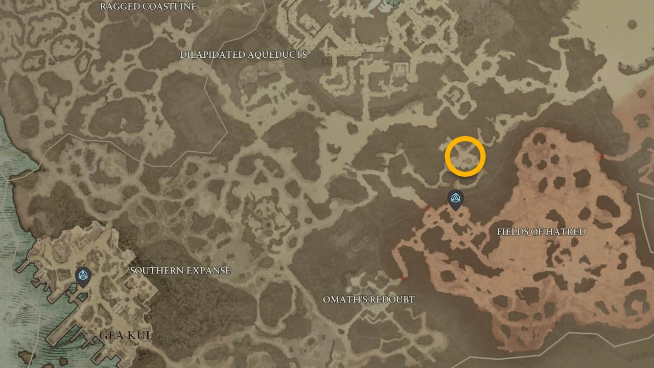 La posizione sulla mappa dell'accampamento nascosto di Diablo 3 in Diablo 4.