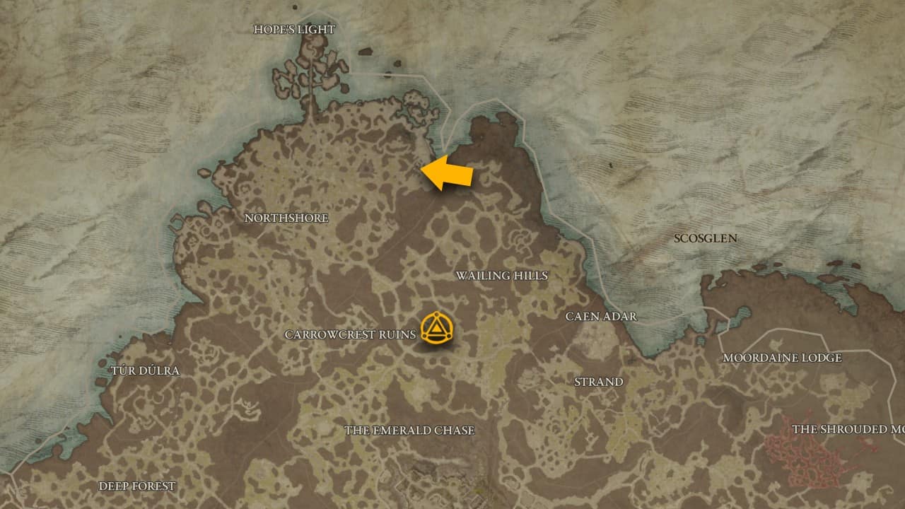 La posizione sulla mappa del dungeon Sunken Ruins in Diablo 4.