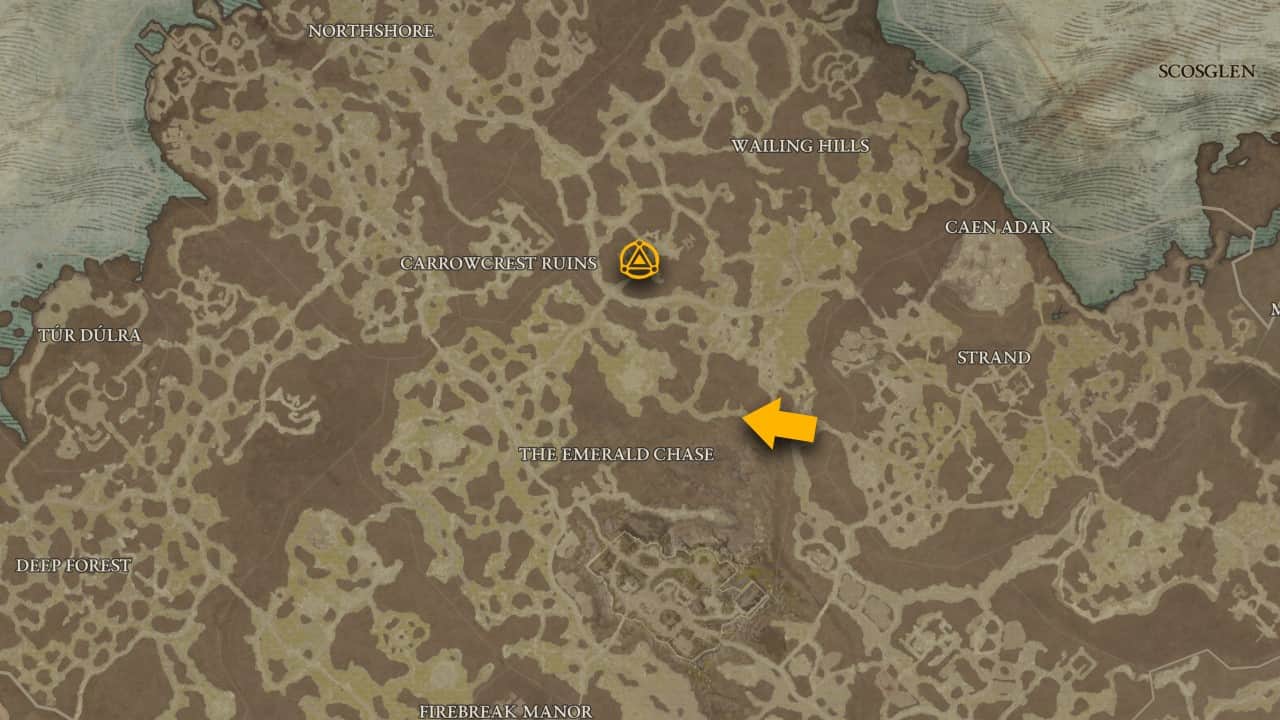 La posizione sulla mappa del dungeon di Raethwind Wilds in Diablo 4.