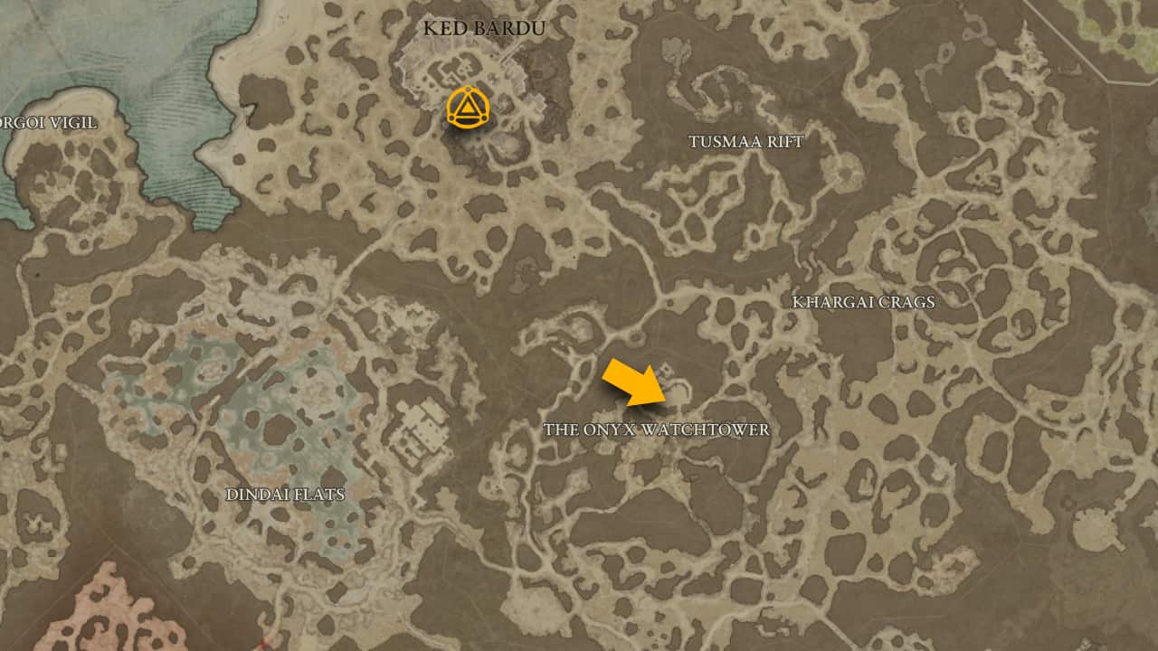 La posizione sulla mappa e il modo migliore per raggiungere il dungeon di Onyx Hold in Diablo 4.