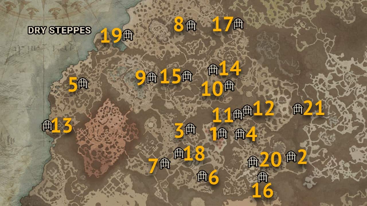 Le posizioni sulla mappa di tutti i dungeon nella regione delle steppe aride di Diablo 4.