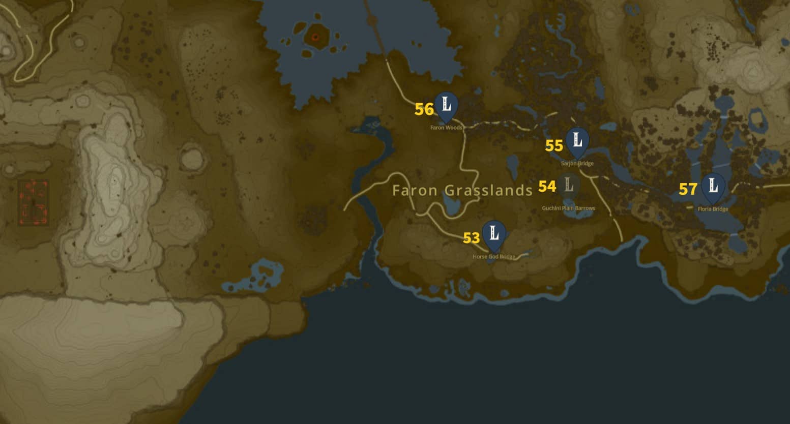Mappe dei punti di riferimento di Zelda TotK Faron Grasslands